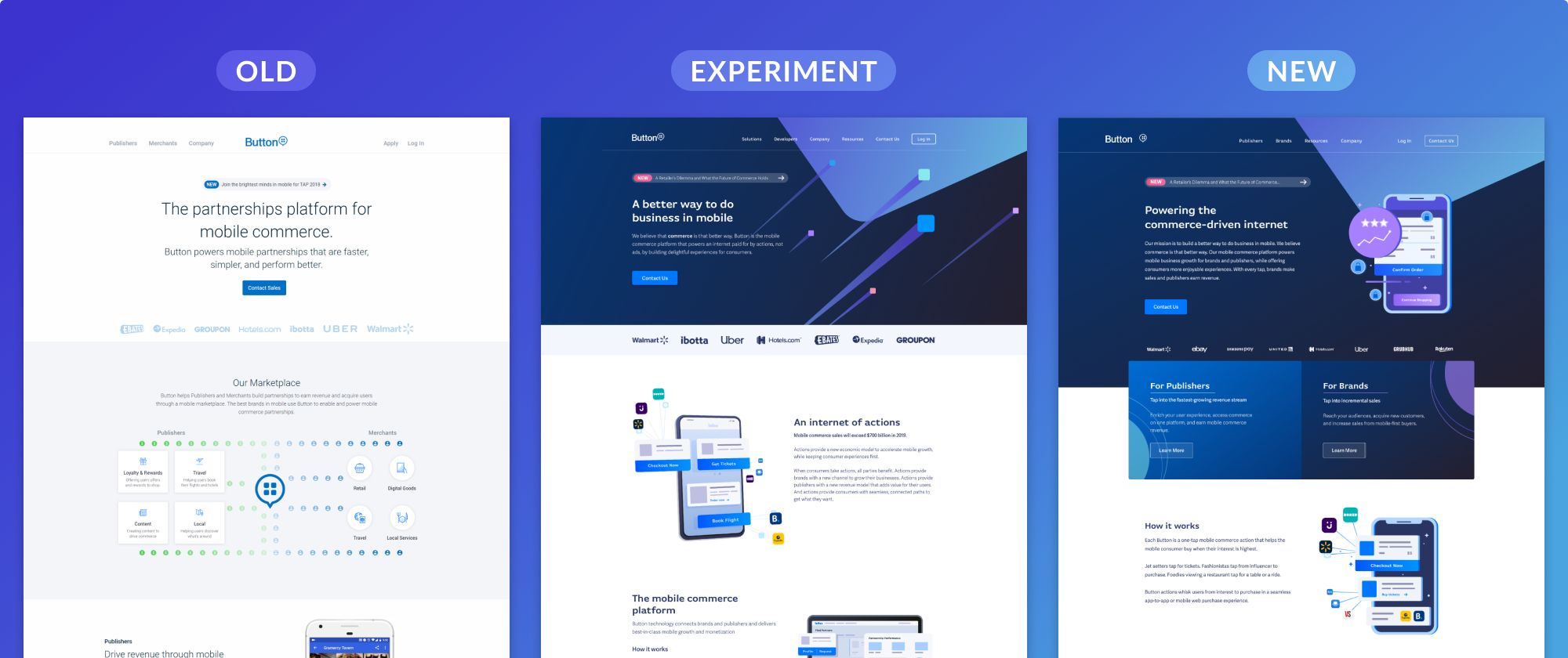 Three versions of the Button website homepage